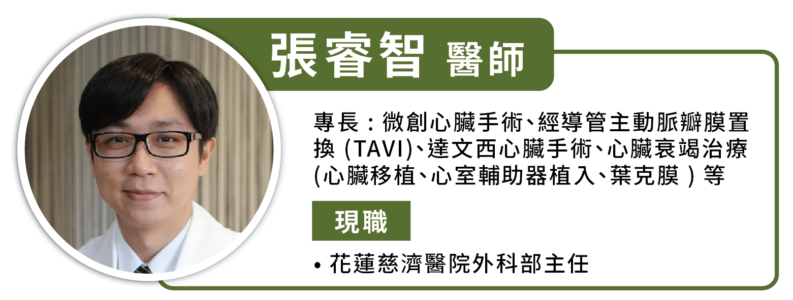 張睿智醫師。專長有微創心臟手術、經導管主動脈瓣膜置換(TAVI)、達文西心臟手術、心臟衰竭治療(心臟移植、心室輔助器植入、葉克膜)等。現職花蓮慈濟醫院外科部主任。