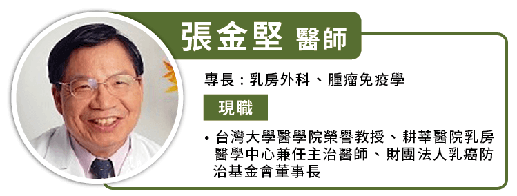 張金堅醫師,專長是乳房外科、腫瘤免疫學,現職台灣大學醫學院榮譽教授、耕莘醫院乳房醫學中心兼任主治醫師、財團法人乳癌防治基金會董事長